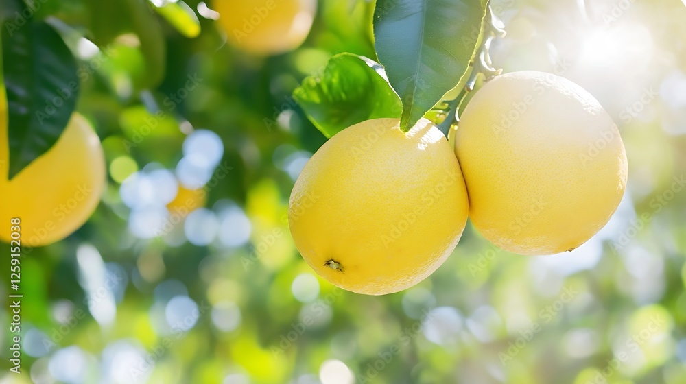 Poster bright yellow citrus fruits on tree branch in sunlight with green foliage background : generative ai