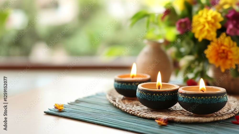 Poster Tranquil Scene of Three Traditional Candles Burning on a Table with Colorful Flowers in the Background : Generative AI