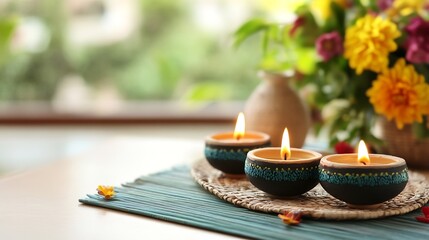 Tranquil Scene of Three Traditional Candles Burning on a Table with Colorful Flowers in the Background : Generative AI