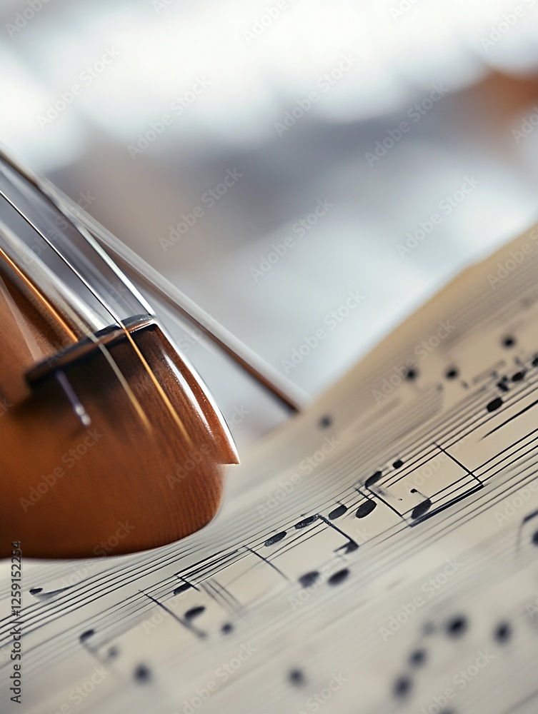 Aufkleber close up of violin on sheet music with blurred bokeh background highlighting musical art : generativ