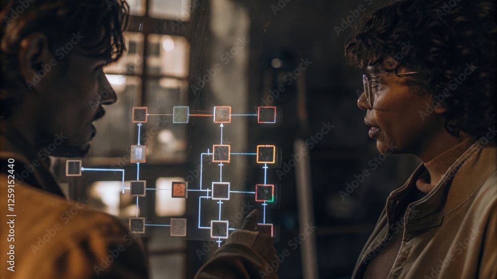 Aufkleber a closeup of two individuals exchanging ideas while a holographic mind map expands between them visu