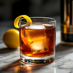 Glass of Whiskey Cocktail with Ice and Lemon Twist on Marble Surface in a Stylish Bar Setting