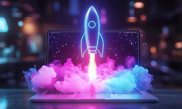 Purple and blue neon outline rocket is taking off from a silver-grey laptop screen is blank as the rocket lifts off with smoke over the keyboard