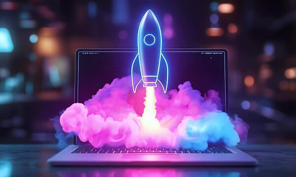 Purple and blue neon outline rocket is taking off from a silver-grey laptop screen is blank as the rocket lifts off with smoke over the keyboard