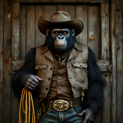 Gorilla Dressed as Cowboy Standing Proudly with Lasso Against Rustic Wooden Background