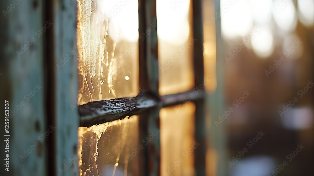 Poster close-up of a misty vintage window with sun rays highlighting the beautiful textures and reflections