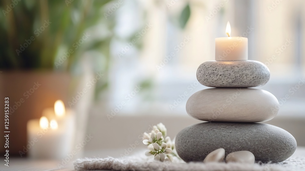 Aufkleber stack of smooth stones with burning candle and floral accents on table for relaxation and wellness :
