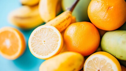 Fototapeta premium Colorful assortment of citrus fruits including lemons and bananas perfect for healthy cooking and vibrant recipes : Generative AI