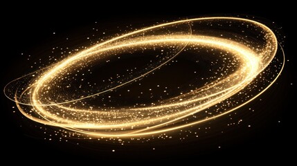 Obraz premium Golden glowing oval light trails on black background.