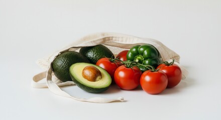 Fresh Produce in Reusable Bag with Tomatoes, Avocado, and Bell Pepper