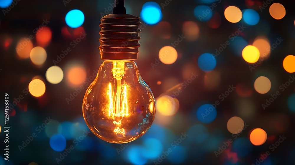 Poster vintage light bulb with warm glow against colorful bokeh background : generative ai