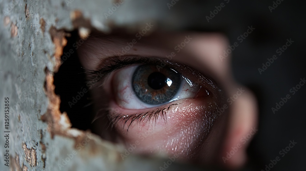 Poster close up of a unique human eye looking through a hole with dramatic lighting and textures : generati