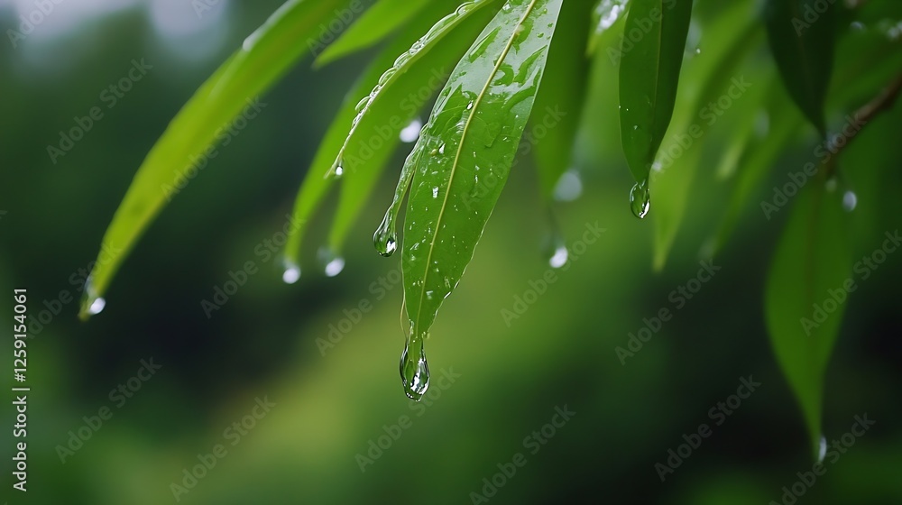 Aufkleber Close-Up of Green Leaves with Rain Drops Creating a Fresh and Inviting Scene : Generative AI