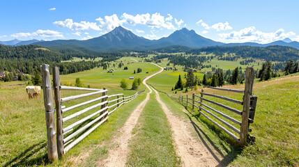 Mountain valley road, scenic view, summer. Pastoral landscape, travel photography
