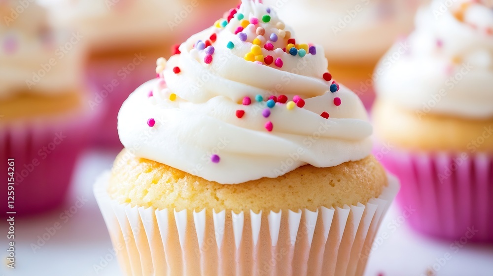 Poster delicious cupcake with creamy frosting and colorful sprinkles on white surface : generative ai