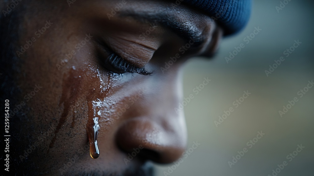 Poster intense close up of a man's tear streaked face capturing deep emotions with a dark mood : generative