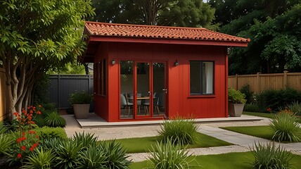 red house in the garden
