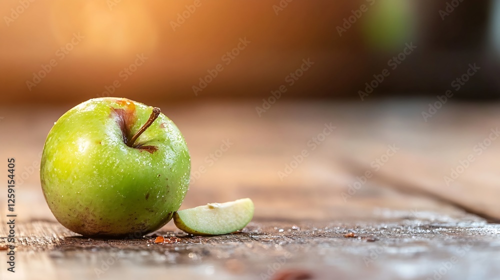 Aufkleber freshly picked green apple on rustic wooden table with soft sunlight glimmering : generative ai