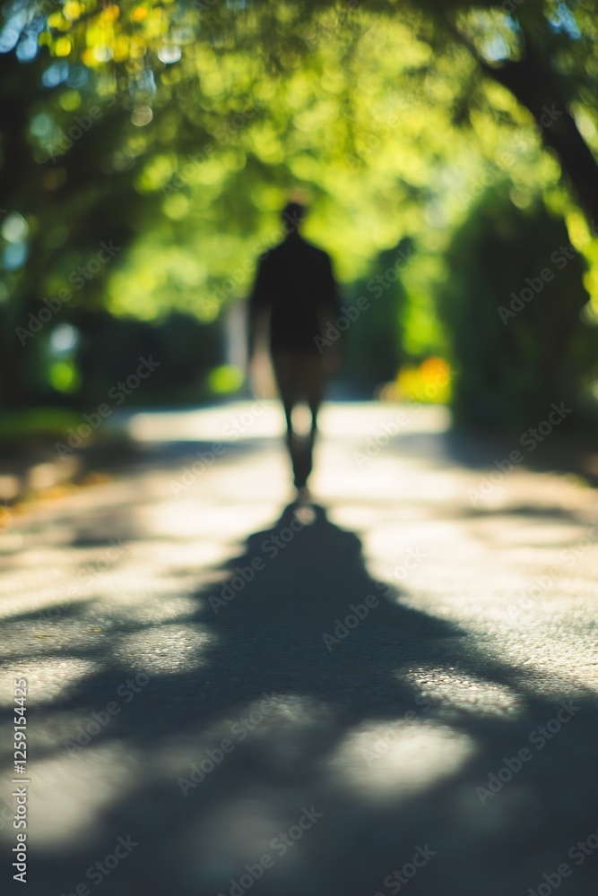 Poster Silhouette of a Person Walking on a Tree-Lined Path Bathed in Soft Light and Shadows : Generative AI