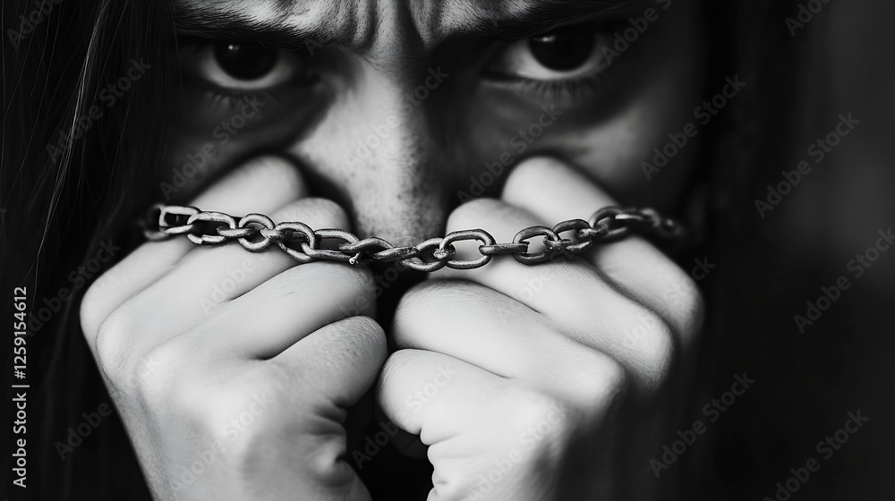 Poster emotive portrait of a distressed person holding chains depicting themes of struggle and confinement 