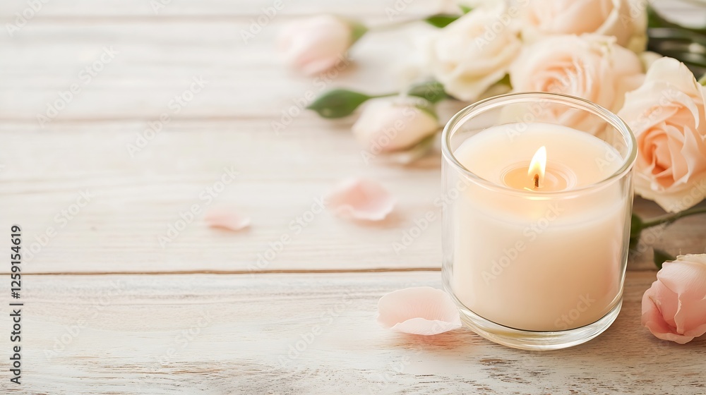 Poster aromatic candle with fresh roses on wooden table creating a calm and relaxing atmosphere : generativ