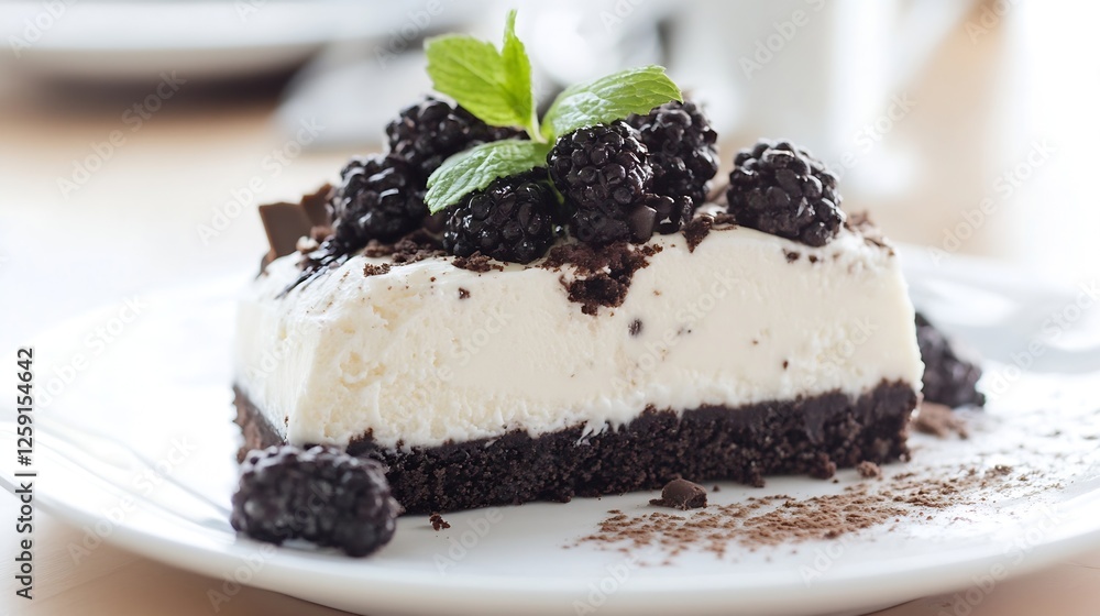 Poster delicious dessert slice featuring creamy layers with chocolate and blackberry topping : generative a