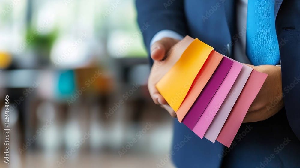 Poster professional businessman holding vibrant sticky notes in different colors for office use : generativ
