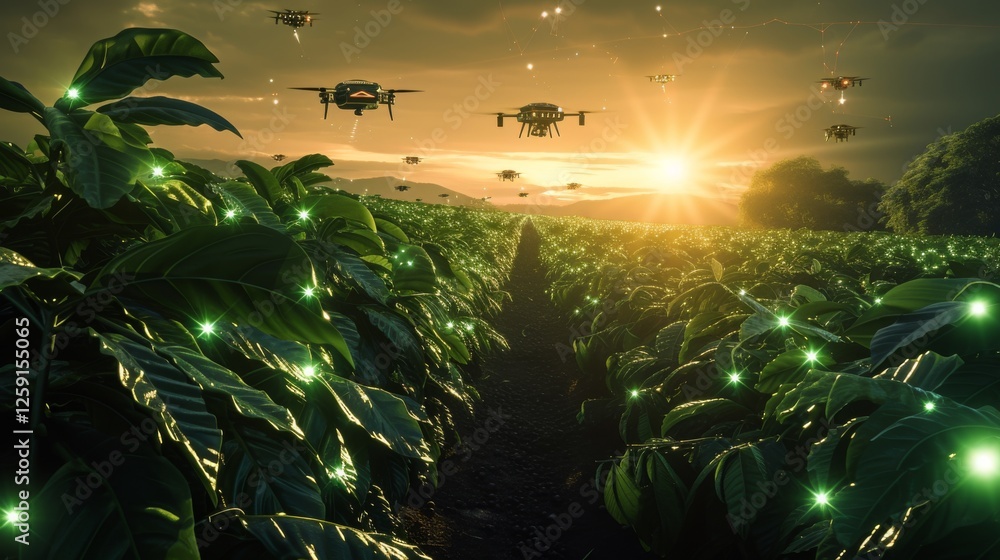Poster a futuristic farm with autonomous drones hovering above lush green crops at sunrise, optimizing prec