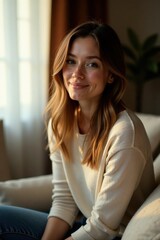 Obraz premium Softly lit woman sitting on a couch with blurred background in a cozy living room, atmosphere, home, light