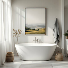 Minimalist Bathroom With Freestanding Bathtub and Scenic Landscape Artwork on the Wall
