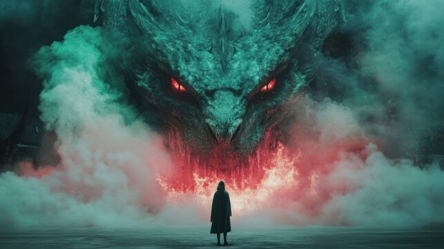 Fototapeta Fierce dragon confronts lone figure in smoky ruins  fantasy game art