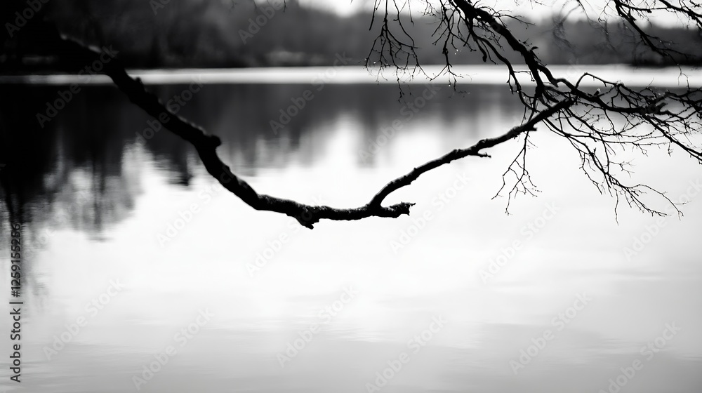 Aufkleber still black and white photograph of a serene lake and bare tree branches : generative ai