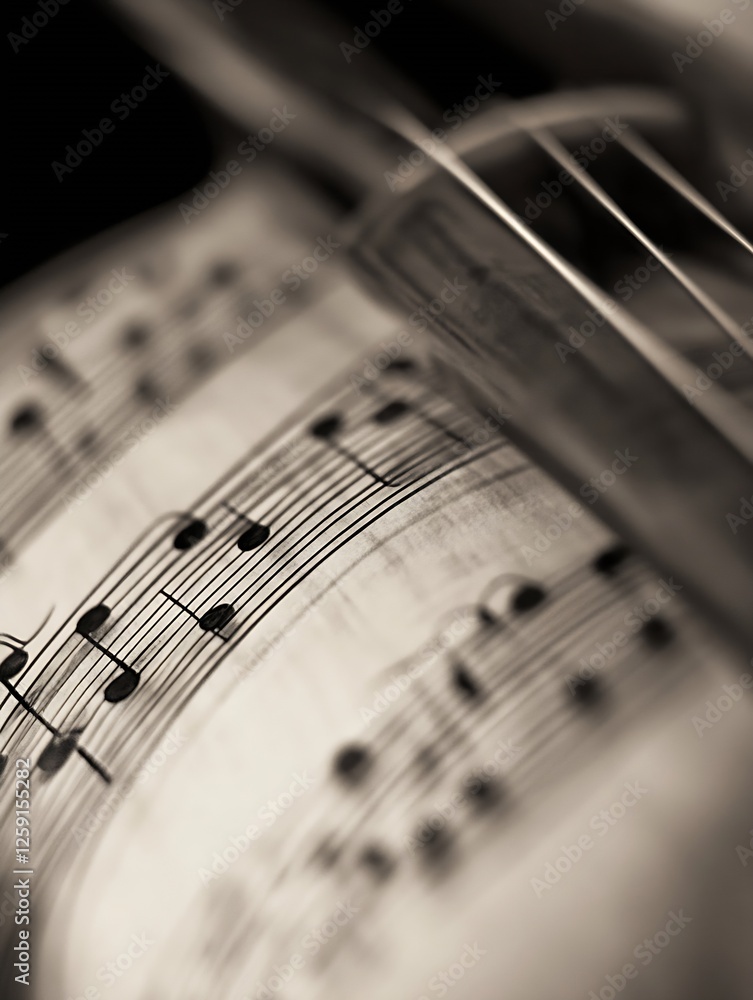 Poster Artistic Close Up of Vintage Music Sheet with Violin Strings : Generative AI