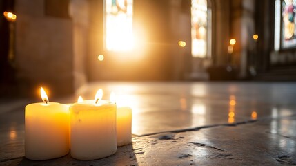 Serene Candlelight in a Gothic Cathedral with Beautiful Stained Glass Windows : Generative AI