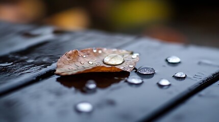 Elegant close up of a water droplet adorned leaf resting on a dark wooden surface after rain : Generative AI