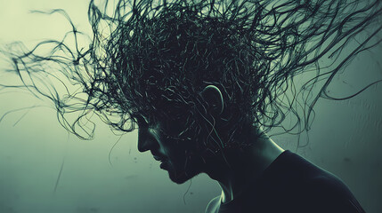 A man with a head overflowing with tangled, messy lines, illustrating mental chaos and complexity, generative ai. Mindscape Collisions. Illustration