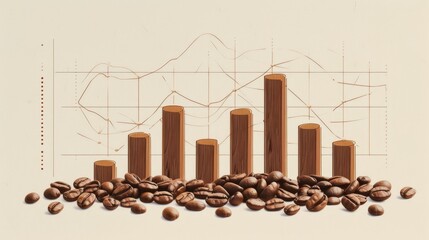 A creative representation of coffee beans arranged in front of a financial chart, illustrating market growth and business success. This vintage-style artwork is ideal for industry reports, marketing