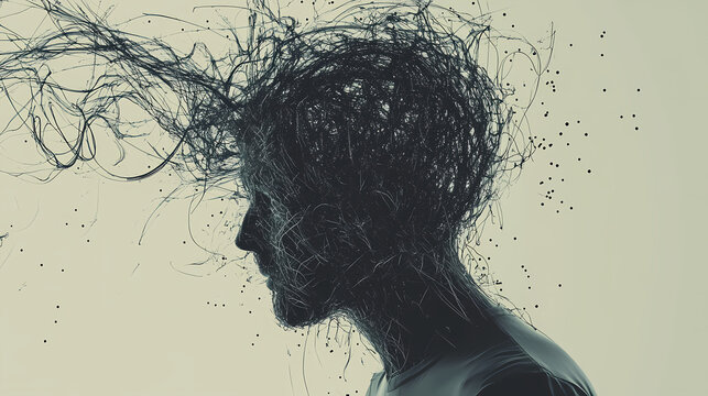 A man with a head overflowing with tangled, messy lines, illustrating mental chaos and complexity, generative ai. Mindscape Collisions. Illustration
