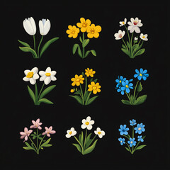 Bright floral collection with yellow, blue, and white flowers on a dark background