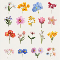 Realistic watercolor floral collection with pink, blue, and yellow wildflowers