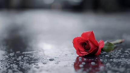 Beautiful close up of a bright red rose on a rain soaked surface with drops glistening : Generative AI