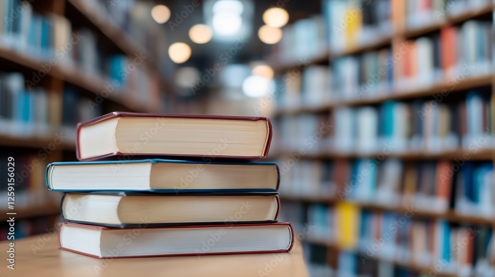 Poster Stacks of Books with Blurred Library Background Symbolizing Knowledge and Learning : Generative AI