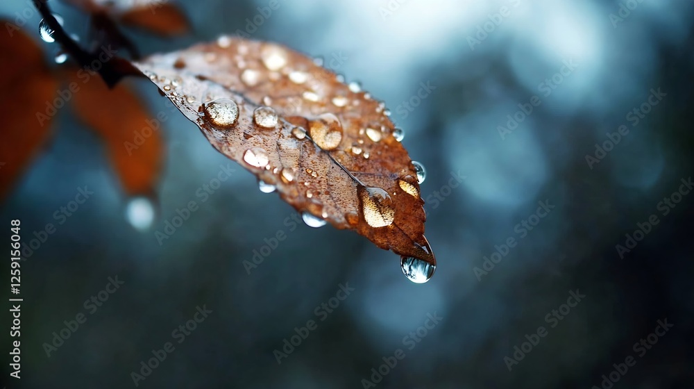 Poster Close Up of Water Droplets on Autumn Leaf with a Soft Blurred Background : Generative AI