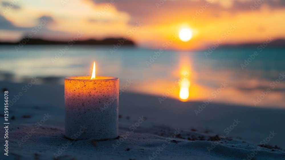 Leinwandbilder Serene Sunset Over Ocean with Burning Candle on Beach Creating a Tranquil Atmosphere : Generative AI