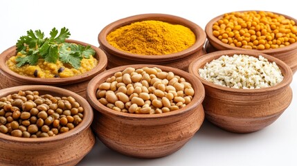 Fototapeta premium Assortment of Legumes and Spices in Terracotta Bowls