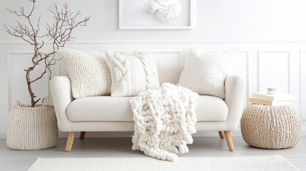 White couch with knitted throws in modern room.  Possible use Interior design, home decor