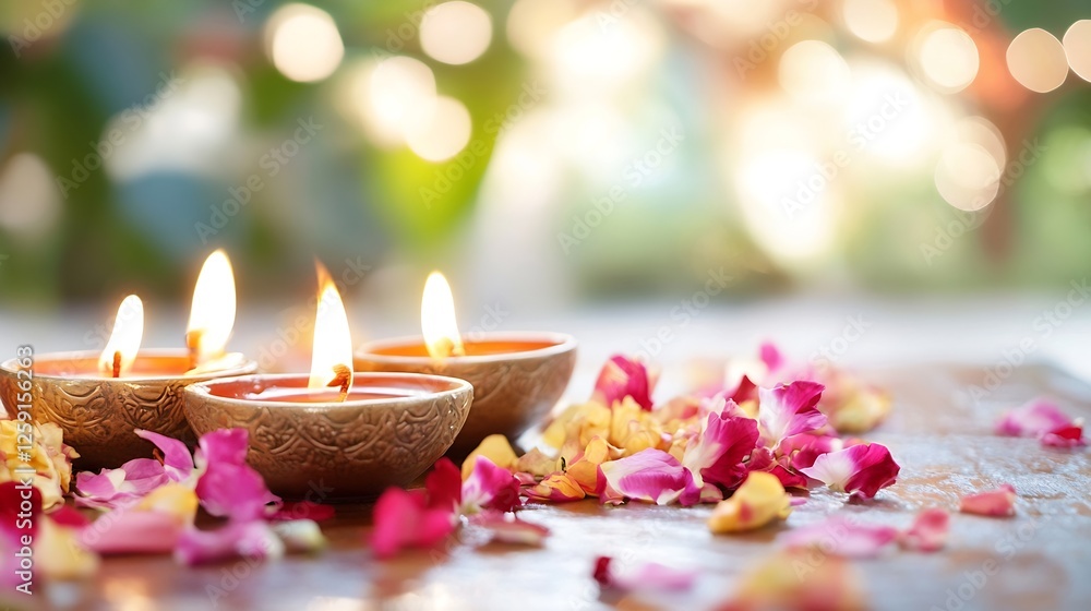 Poster tranquil atmosphere with traditional floating candles surrounded by rose petals in soft focus : gene