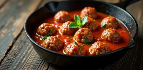 Spherical meat mixture in a cast iron skillet with red tomato sauce and herbs , food, savory, meal