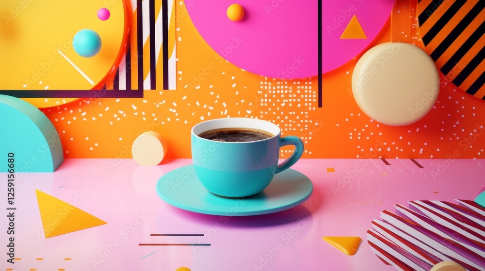 Poster a colorful coffee cup sits on a matching saucer against a dynamic, playful background featuring bold
