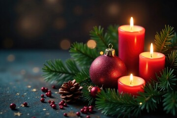 Sparkling candles and evergreen branches surround a Christmas ornament display , candlelight, festive, holiday